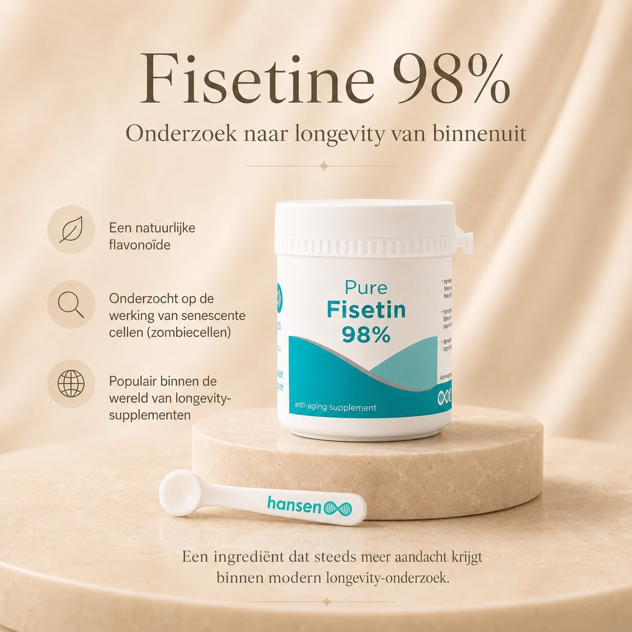 Fisetin 2 Fisetine 98% supplement met maatlepel, een natuurlijke flavonoïde die veel wordt onderzocht binnen longevity, healthy aging en senescente cellen.