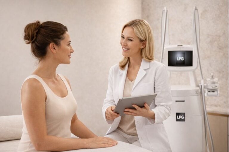 medewerker bespreekt LPG huidbehandeling met klant.