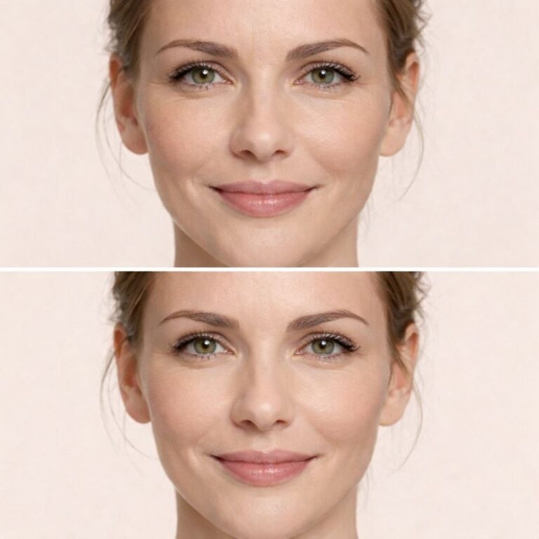Voor en na weergave van Baby Botox waarbij fijne expressielijnen in het gezicht subtiel zijn verzacht met behoud van natuurlijke mimiek, zoals toegepast bij gespecialiseerde klinieken in Amsterdam.