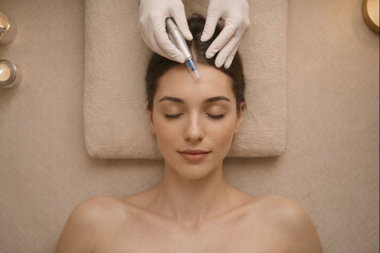 Vrouw ontvangt een huidbehandeling met dermapen door een professionele specialist.