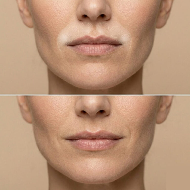 Voor en na weergave van een lip flip waarbij de bovenlip bij glimlachen subtiel naar buiten draait, toegepast bij klinieken in Amsterdam.