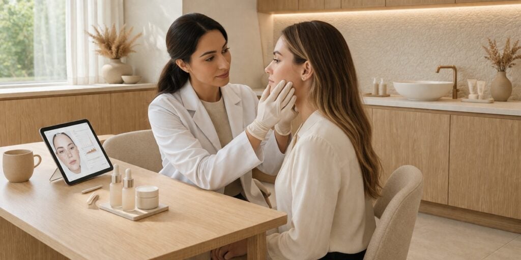 Wat is het verschil tussen een dermatoloog en huidkliniek 3 Dermatoloog voert huidcontrole uit bij patiënt in kliniek.