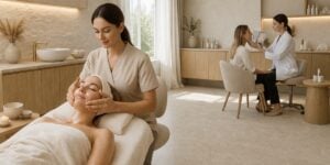 Vrouw krijgt een ontspannende gezichtsbehandeling in een moderne schoonheidssalon/huidkliniek