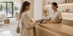 Klant betaalt bij de receptie in een moderne huidkliniek in Amsterdam.