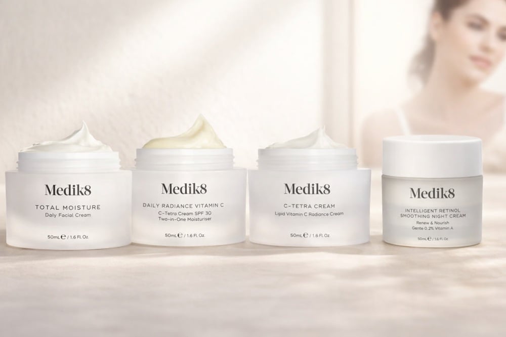 Welke Medik8 moisturiser past bij mijn huid 1 Vier verschillende Medik8 moisturizers op een rij voor diverse huidtypes.