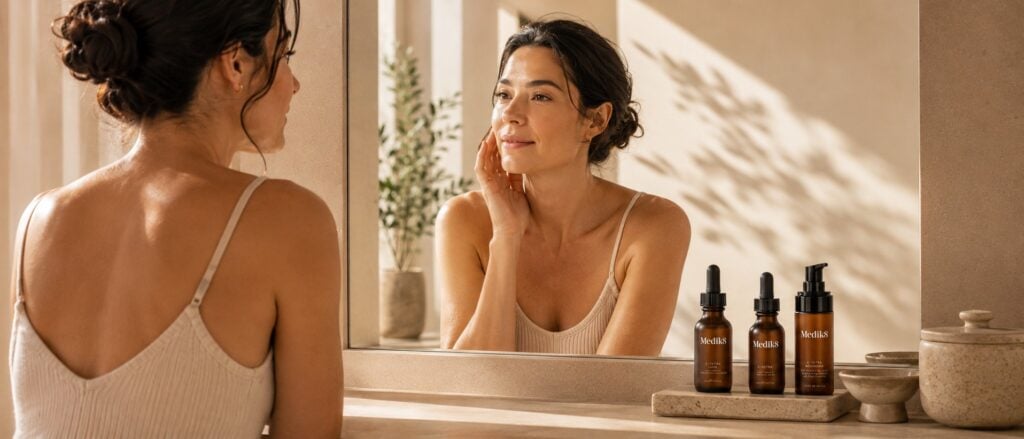 Vrouw kijkt in de spiegel tijdens haar ochtendroutine met Medik8 C-Tetra vitamine C serums