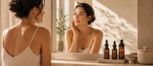 Vrouw kijkt in de spiegel tijdens haar ochtendroutine met Medik8 C-Tetra vitamine C serums