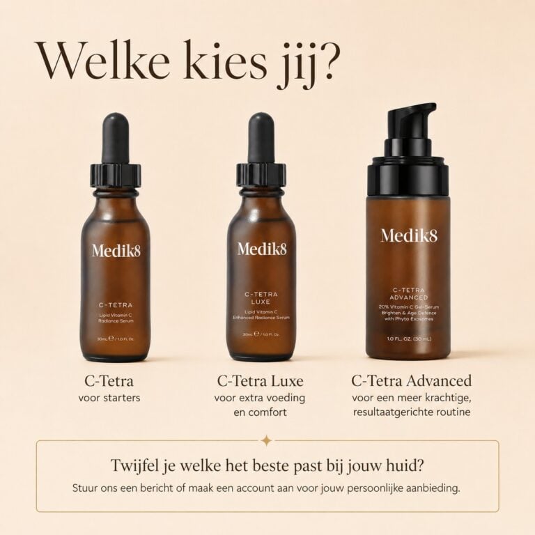 Vergelijking van Medik8 C-Tetra, C-Tetra Luxe en C-Tetra Advanced vitamine C serums met keuzehulp per huidtype