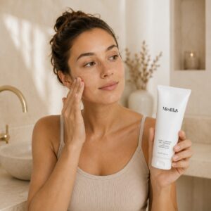 Mujer utiliza Medik8 Pore Cleanse Gel Intense para los poros dilatados del rostro