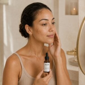 Vrouw met lichte pigmentvlekken en Medik8 Oxy-R Peptides