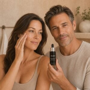 Man en vrouw met Medik8 Liquid Peptides Advanced MP serum tegen rimpels
