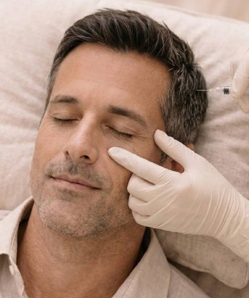 Man ondergaat botox behandeling tegen kraaienpootjes bij cosmetische kliniek in Amsterdam