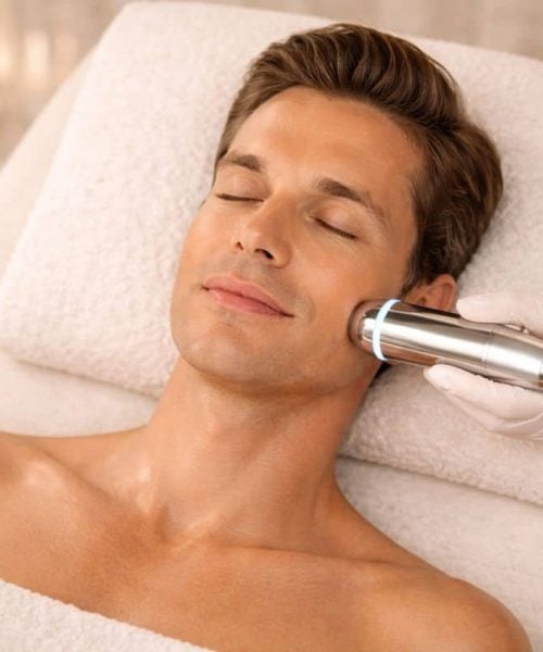 Gezicht wordt behandeld met geavanceerde RF apparatuur.