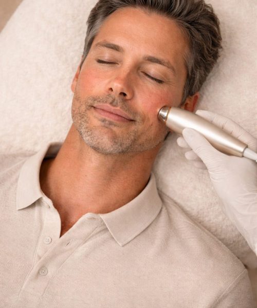 Een man krijgt een huidverzorgingsbehandeling met een dermaroller van een professionele schoonheidsspecialist.