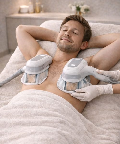 Cryolipolyse behandeling op de borst voor vetverbranding en spierontspanning, ontspannen in luxe salon.