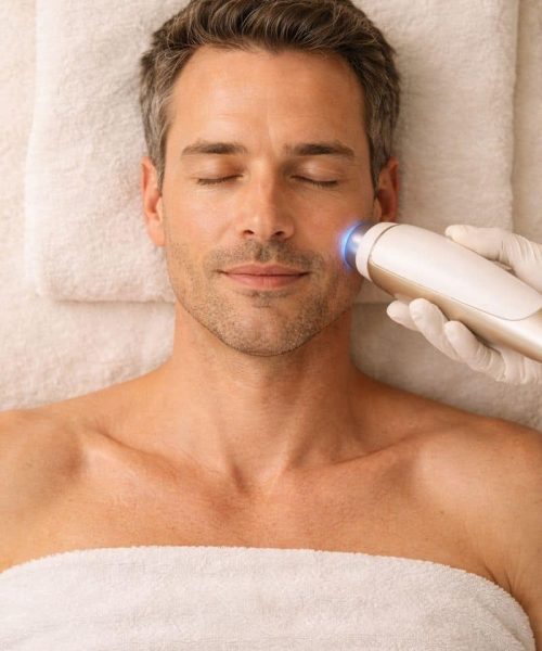 Man krijgt gevoelige huidbehandeling met geavanceerd apparaat bij Beauty Unlimited Amsterdam.